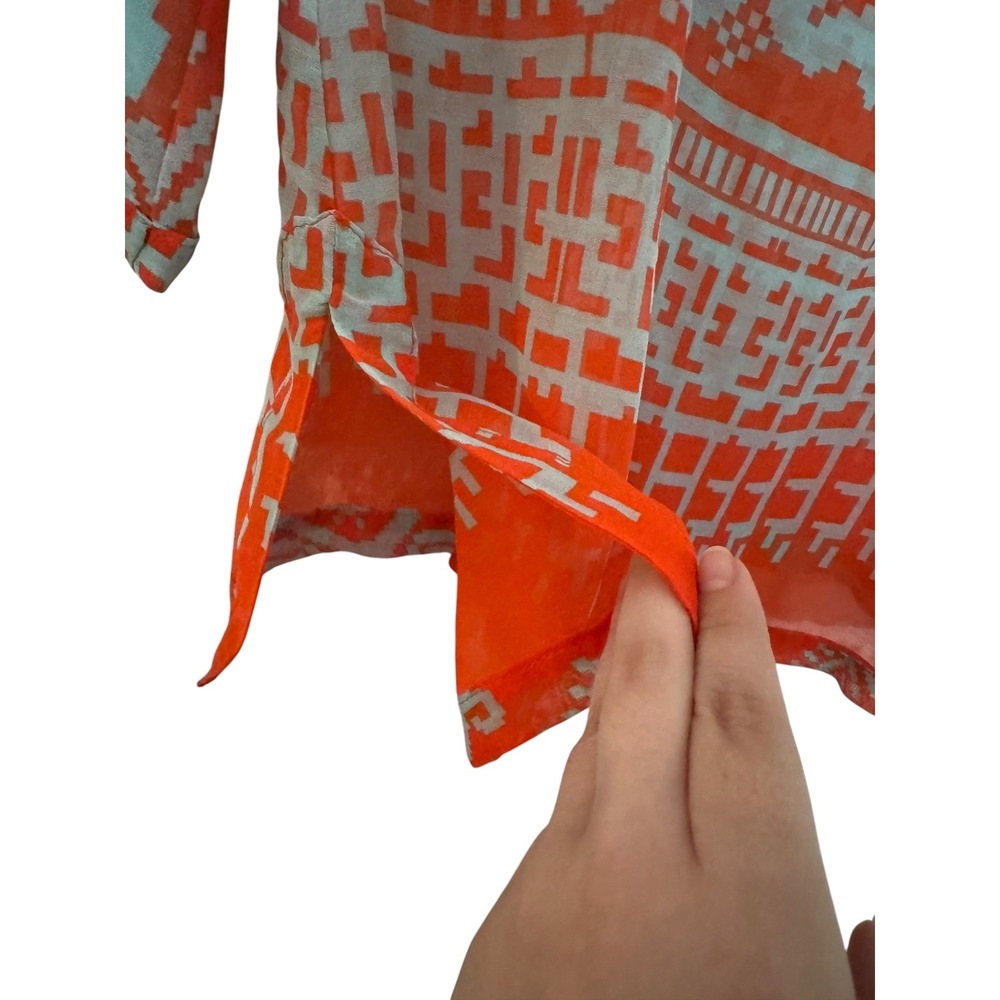 Milly of New York Orange Ikat SILK Blend Beaded V-Neck Tunic Blouse Size 8 Airy - Picture 9 of 10